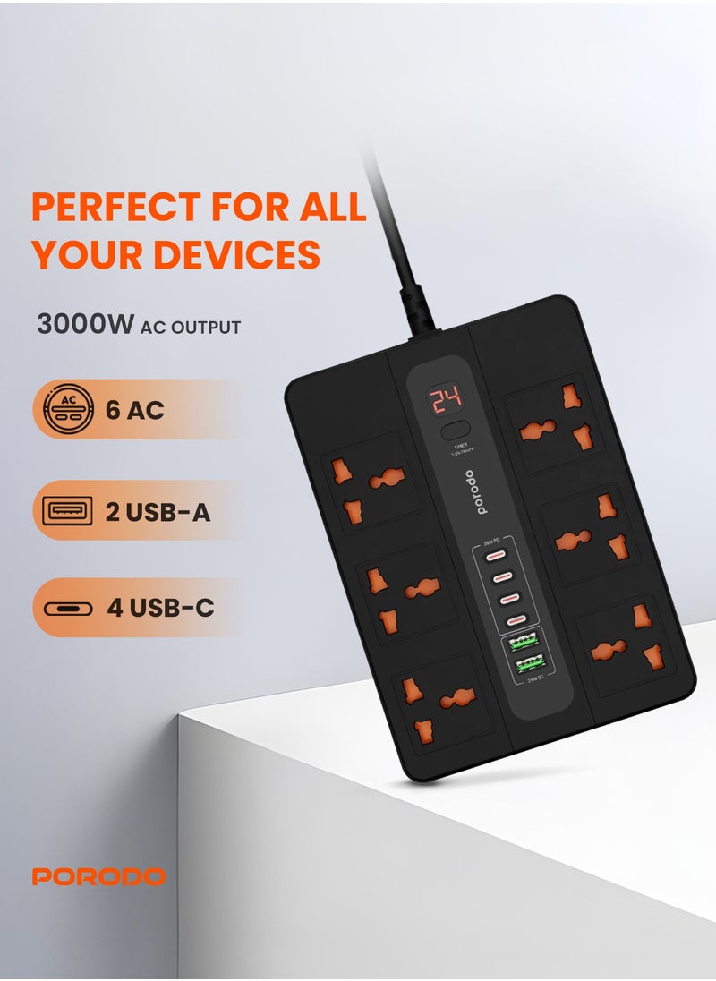 porodo - Multi-Port Super HUB 4 USB-C/ 2 USB-A Ultimate Home and Office Kit 3M 24W USB-A Quick Charge 3000 Watts AC Output Power Button and Timer 3Meter Power Cord with Over-Heat Protection 36W PD - Black - Image 1