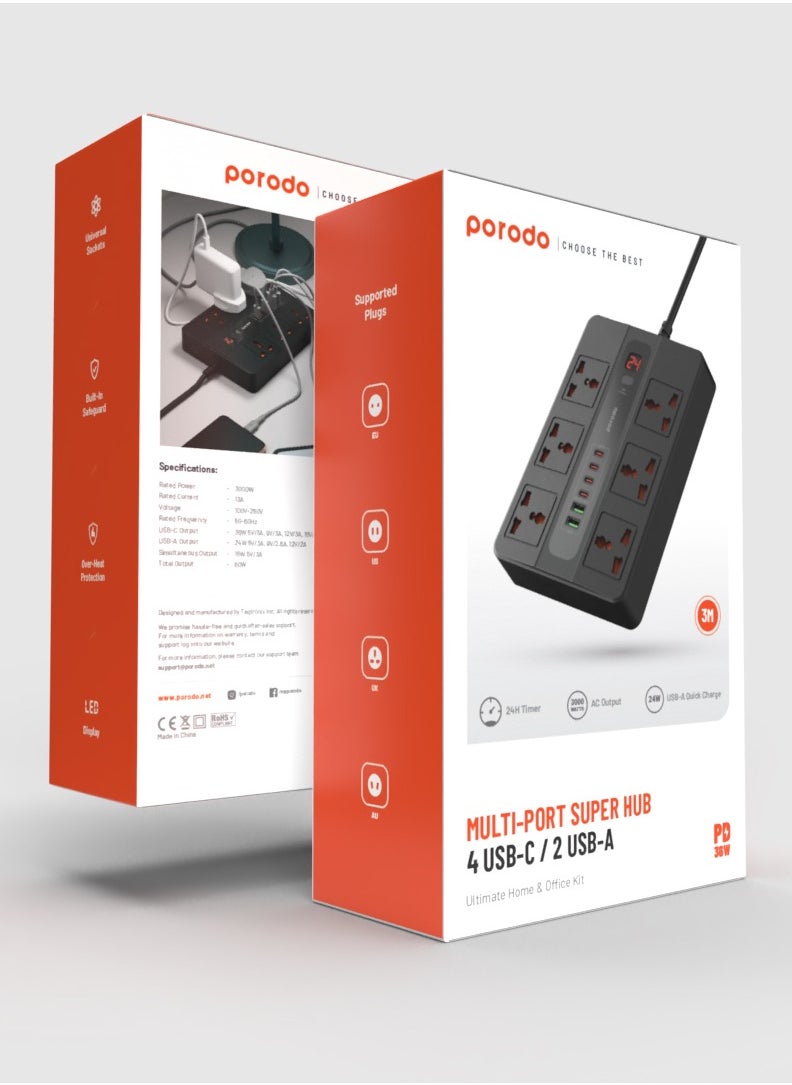 porodo - Multi-Port Super HUB 4 USB-C/ 2 USB-A Ultimate Home and Office Kit 3M 24W USB-A Quick Charge 3000 Watts AC Output Power Button and Timer 3Meter Power Cord with Over-Heat Protection 36W PD - Black - Image 1