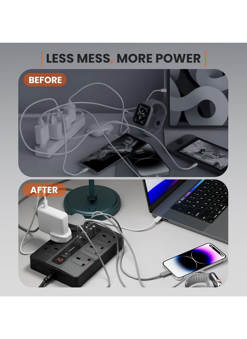 porodo - Multi-Port Super HUB 4 USB-C/ 2 USB-A Ultimate Home and Office Kit 3M 24W USB-A Quick Charge 3000 Watts AC Output Power Button and Timer 3Meter Power Cord with Over-Heat Protection 36W PD - Black - Image 1
