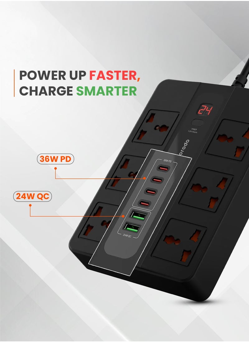 porodo - Multi-Port Super HUB 4 USB-C/ 2 USB-A Ultimate Home and Office Kit 3M 24W USB-A Quick Charge 3000 Watts AC Output Power Button and Timer 3Meter Power Cord with Over-Heat Protection 36W PD - Black - Image 1