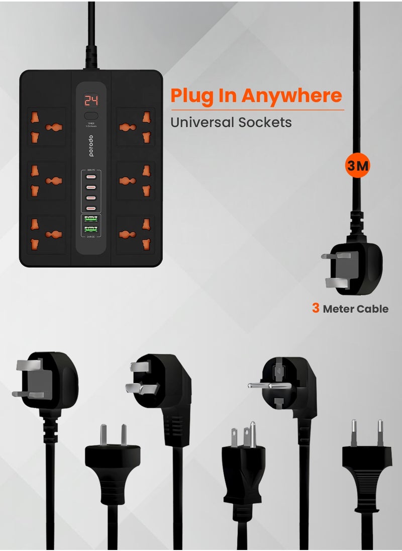 porodo - Multi-Port Super HUB 4 USB-C/ 2 USB-A Ultimate Home and Office Kit 3M 24W USB-A Quick Charge 3000 Watts AC Output Power Button and Timer 3Meter Power Cord with Over-Heat Protection 36W PD - Black - Image 1