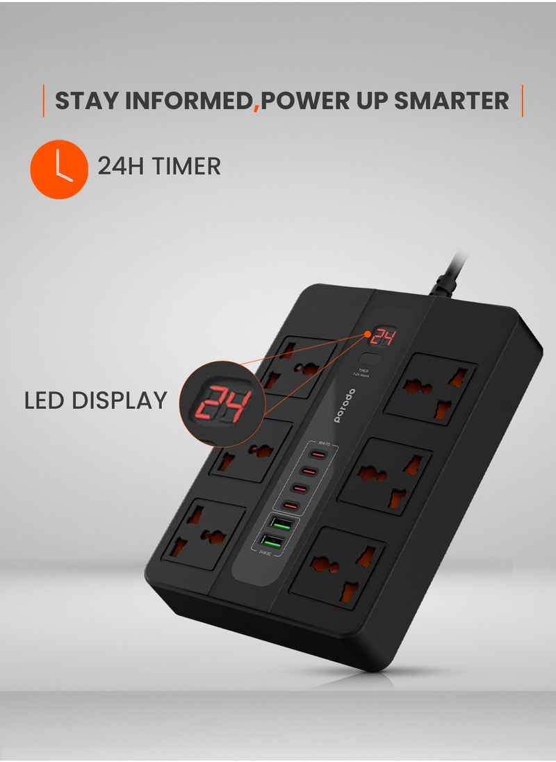 porodo - Multi-Port Super HUB 4 USB-C/ 2 USB-A Ultimate Home and Office Kit 3M 24W USB-A Quick Charge 3000 Watts AC Output Power Button and Timer 3Meter Power Cord with Over-Heat Protection 36W PD - Black - Image 1