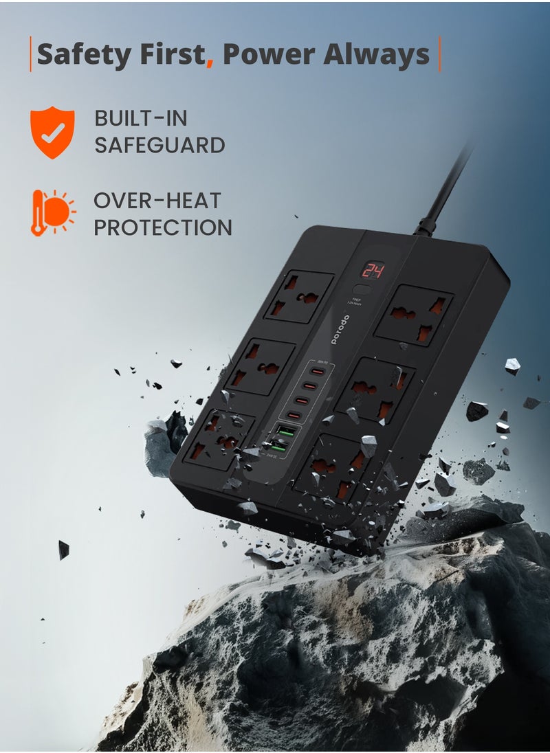 porodo - Multi-Port Super HUB 4 USB-C/ 2 USB-A Ultimate Home and Office Kit 3M 24W USB-A Quick Charge 3000 Watts AC Output Power Button and Timer 3Meter Power Cord with Over-Heat Protection 36W PD - Black - Image 1