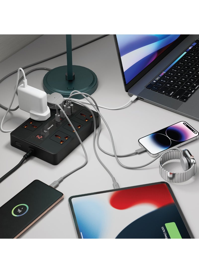 porodo - Multi-Port Super HUB 4 USB-C/ 2 USB-A Ultimate Home and Office Kit 3M 24W USB-A Quick Charge 3000 Watts AC Output Power Button and Timer 3Meter Power Cord with Over-Heat Protection 36W PD - Black - Image 1