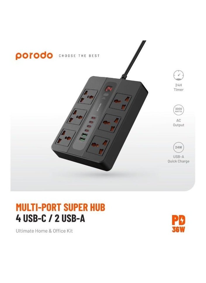 porodo - Multi-Port Super HUB 4 USB-C/ 2 USB-A Ultimate Home and Office Kit 3M 24W USB-A Quick Charge 3000 Watts AC Output Power Button and Timer 3Meter Power Cord with Over-Heat Protection 36W PD - Black - Image 1