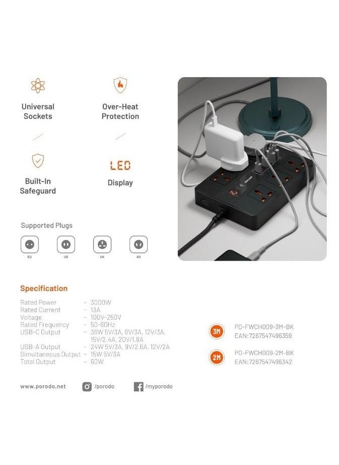 porodo - Multi-Port Super HUB 4 USB-C/ 2 USB-A Ultimate Home and Office Kit 3M 24W USB-A Quick Charge 3000 Watts AC Output Power Button and Timer 3Meter Power Cord with Over-Heat Protection 36W PD - Black - Image 1