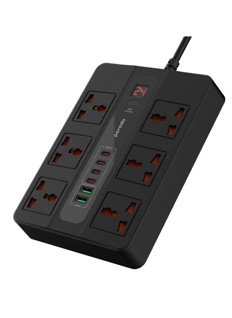 porodo - Multi-Port Super HUB 4 USB-C/ 2 USB-A Ultimate Home and Office Kit 3M 24W USB-A Quick Charge 3000 Watts AC Output Power Button and Timer 3Meter Power Cord with Over-Heat Protection 36W PD - Black - Image 1