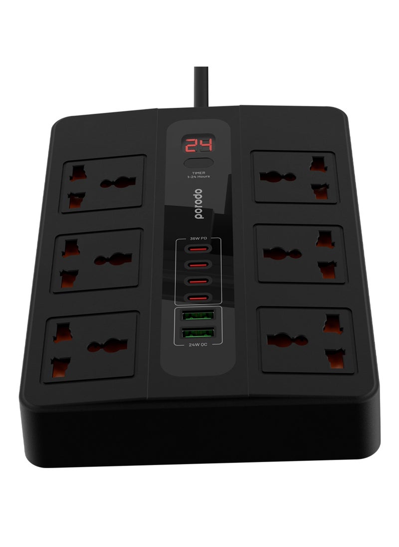 porodo - Multi-Port Super HUB 4 USB-C/ 2 USB-A Ultimate Home and Office Kit 3M 24W USB-A Quick Charge 3000 Watts AC Output Power Button and Timer 3Meter Power Cord with Over-Heat Protection 36W PD - Black - Image 1