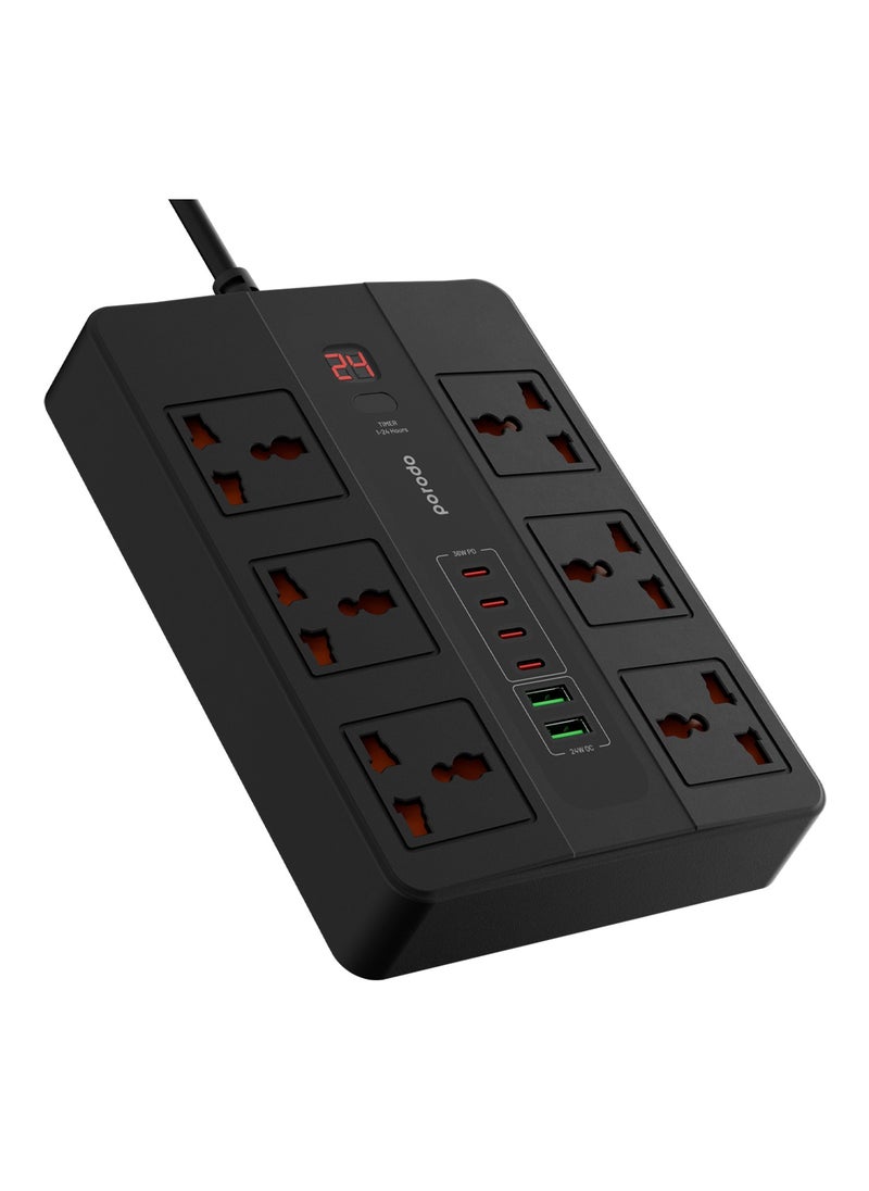 porodo - Multi-Port Super HUB 4 USB-C/ 2 USB-A Ultimate Home and Office Kit 3M 24W USB-A Quick Charge 3000 Watts AC Output Power Button and Timer 3Meter Power Cord with Over-Heat Protection 36W PD - Black - Image 1