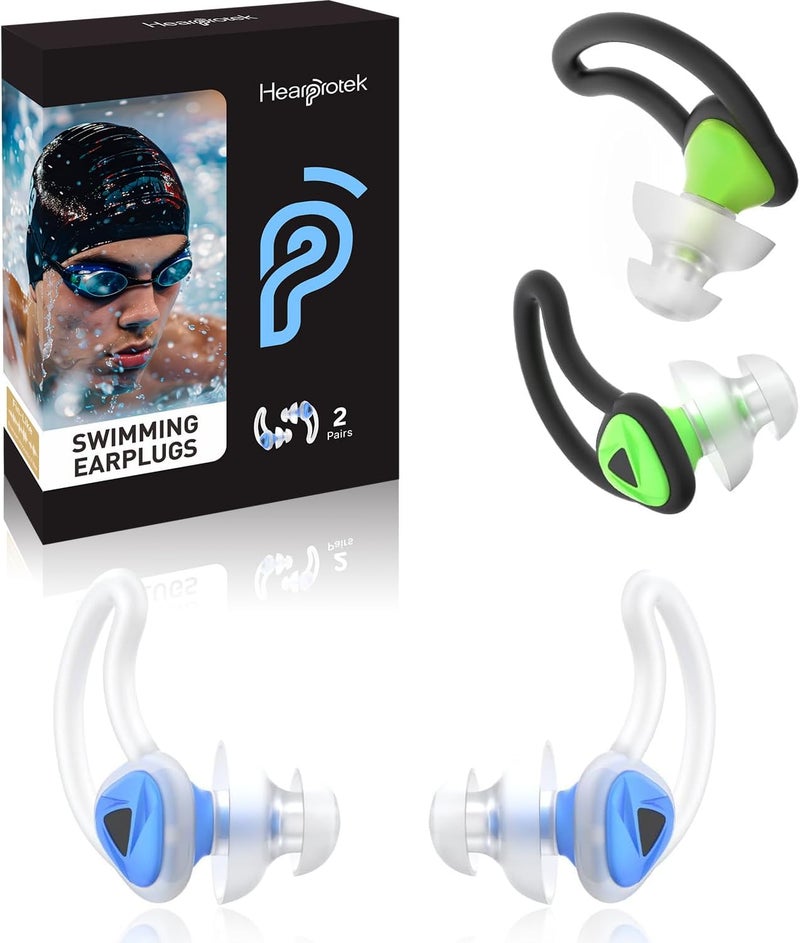 Hearprotek Ear Plugs for Swimming–2 Pairs Soft Silicone Reusable Waterproof Earplugs for Adults & Men Women, Custom Fit for Swimmers Ear, Pool, Beach, Snorkeling, Surfing, Kickboard Training(Blue&Green) - Image 1