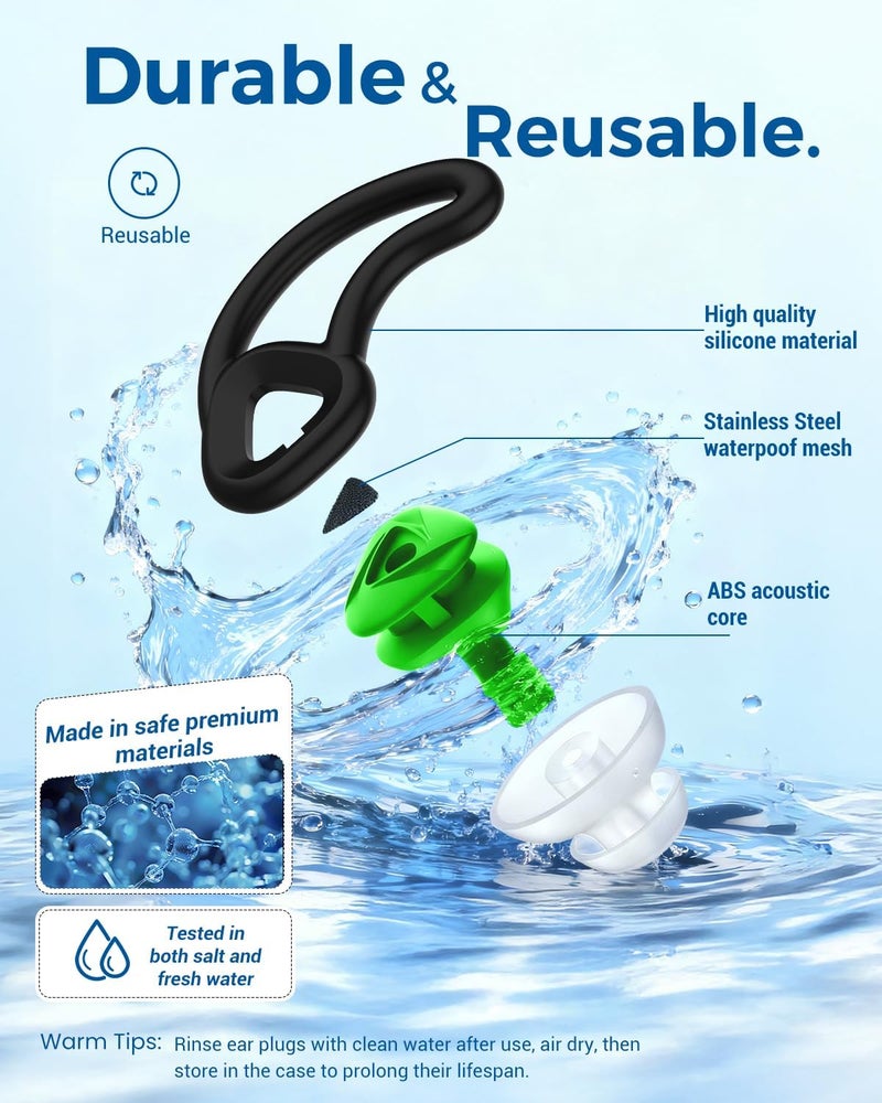 Hearprotek Ear Plugs for Swimming–2 Pairs Soft Silicone Reusable Waterproof Earplugs for Adults & Men Women, Custom Fit for Swimmers Ear, Pool, Beach, Snorkeling, Surfing, Kickboard Training(Blue&Green) - Image 5