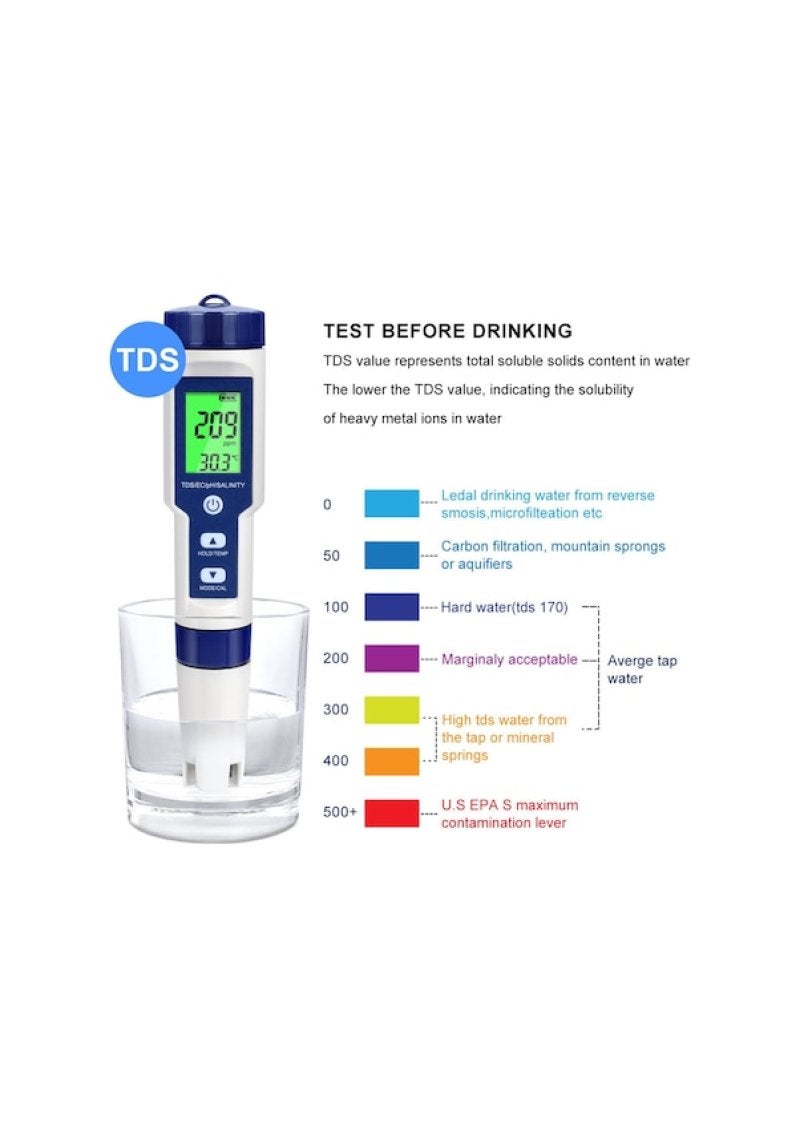 5 in 1 water quality detector PH seawater salinity meter fish tank aquaculture EC conductivity test pen Blue White - Image 4