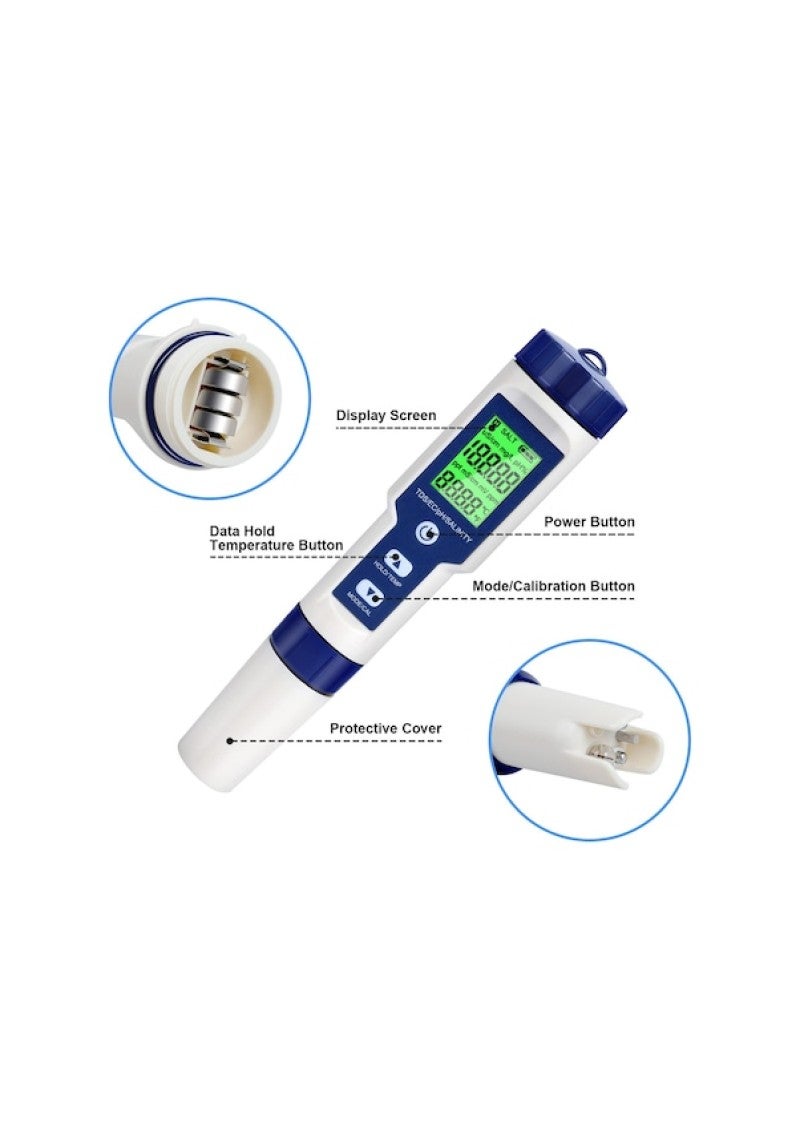 5 in 1 water quality detector PH seawater salinity meter fish tank aquaculture EC conductivity test pen Blue White - Image 5