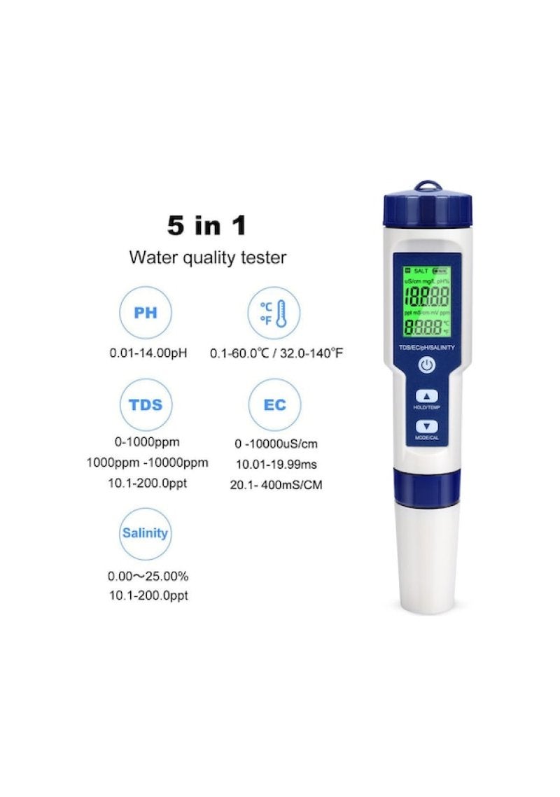 5 in 1 water quality detector PH seawater salinity meter fish tank aquaculture EC conductivity test pen Blue White - Image 2