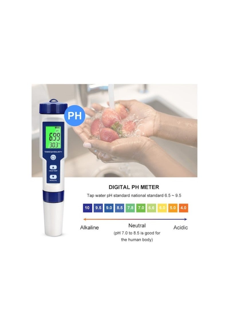 5 in 1 water quality detector PH seawater salinity meter fish tank aquaculture EC conductivity test pen Blue White - Image 3