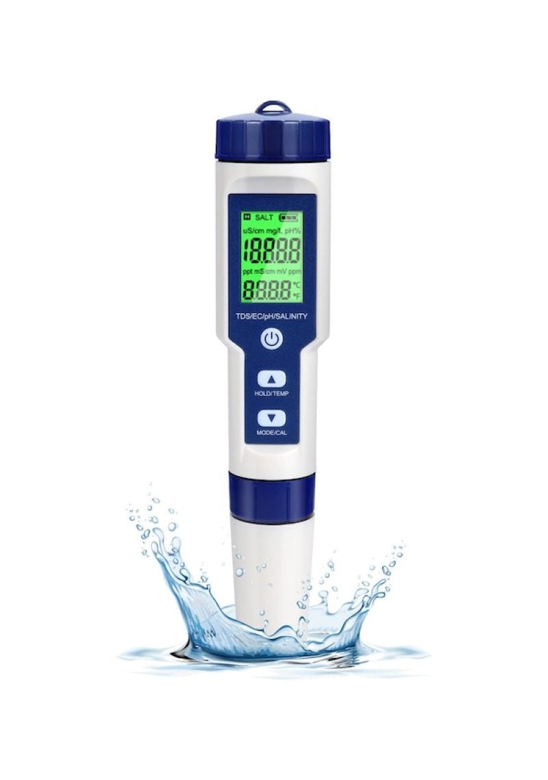 5 in 1 water quality detector PH seawater salinity meter fish tank aquaculture EC conductivity test pen Blue White - Image 1
