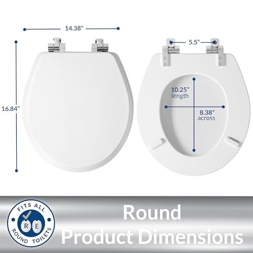 Mayfair Bennett Toilet Seat with Chrome Hinges, Slow Close Wood Seat, Secure Metal Hinges, Easy Install, Made in USA, Round, White - Image 5