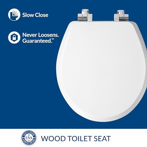 Mayfair Bennett Toilet Seat with Chrome Hinges, Slow Close Wood Seat, Secure Metal Hinges, Easy Install, Made in USA, Round, White - Image 3