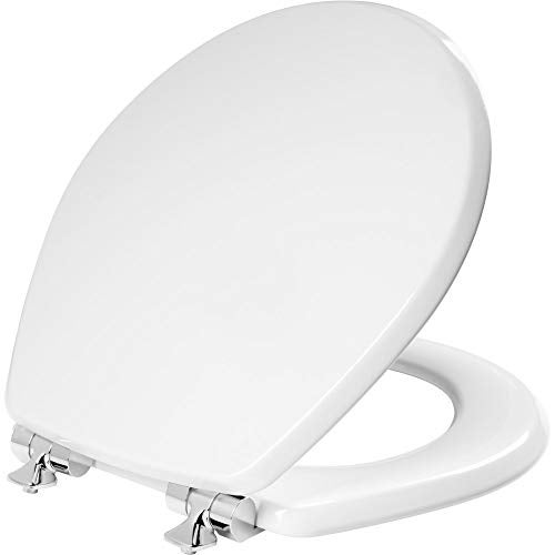 Mayfair Bennett Toilet Seat with Chrome Hinges, Slow Close Wood Seat, Secure Metal Hinges, Easy Install, Made in USA, Round, White - Image 1