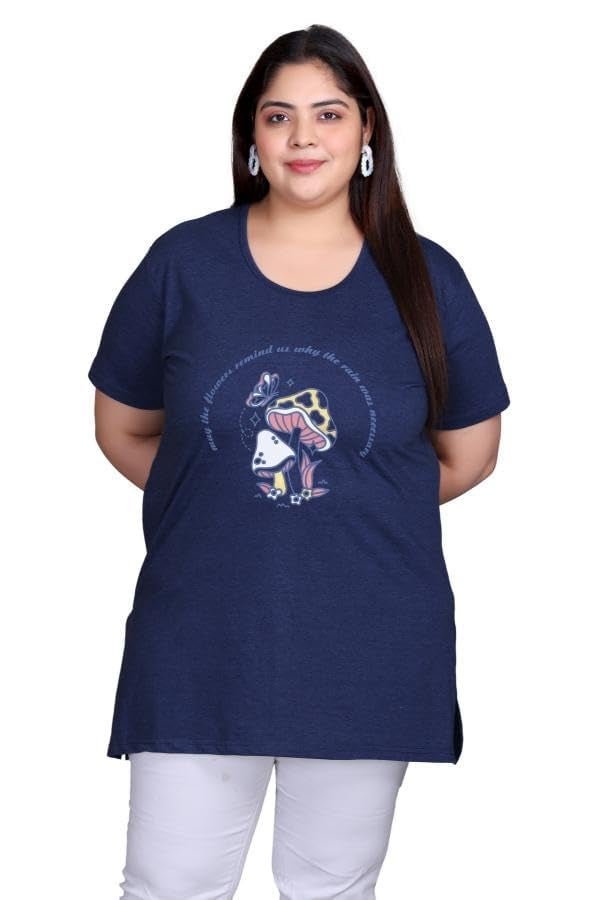 In Love Women's Cotton Plus Size Half Sleeves Semi Long Printed Tshirt for Summers with One Side Pocket for Ladies - Image 1