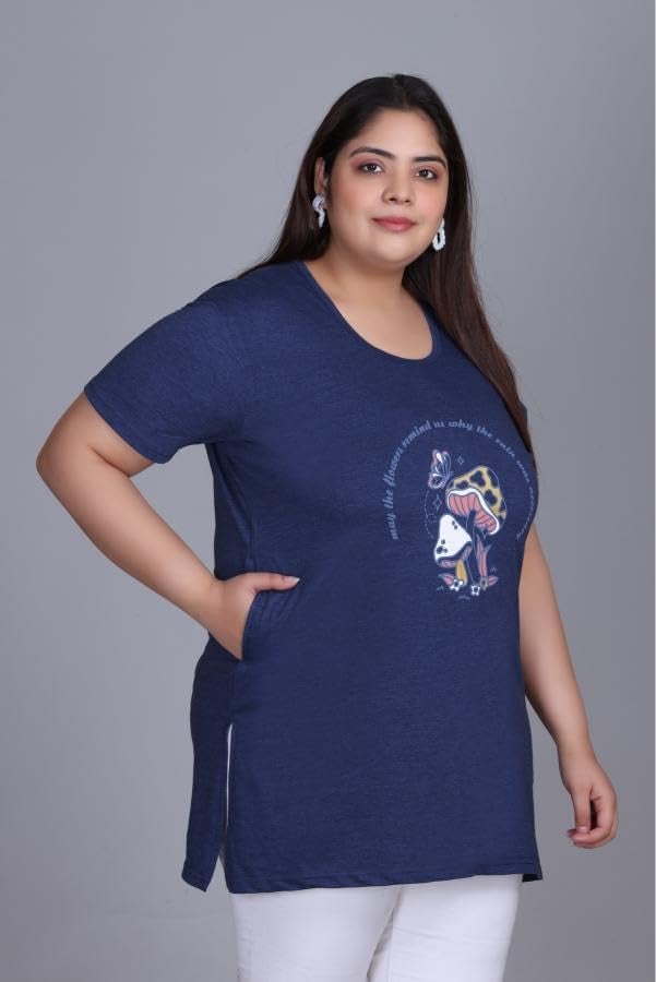 In Love Women's Cotton Plus Size Half Sleeves Semi Long Printed Tshirt for Summers with One Side Pocket for Ladies - Image 5