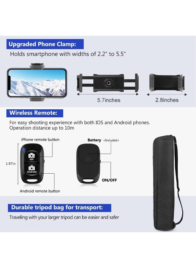 74" Camera & Cell Phone Tripod – Includes Travel Bag, Wireless Remote, Adjustable Phone Holder, Compatible with DSLR Cameras, Smartphones, Projectors, and Webcams - Image 2