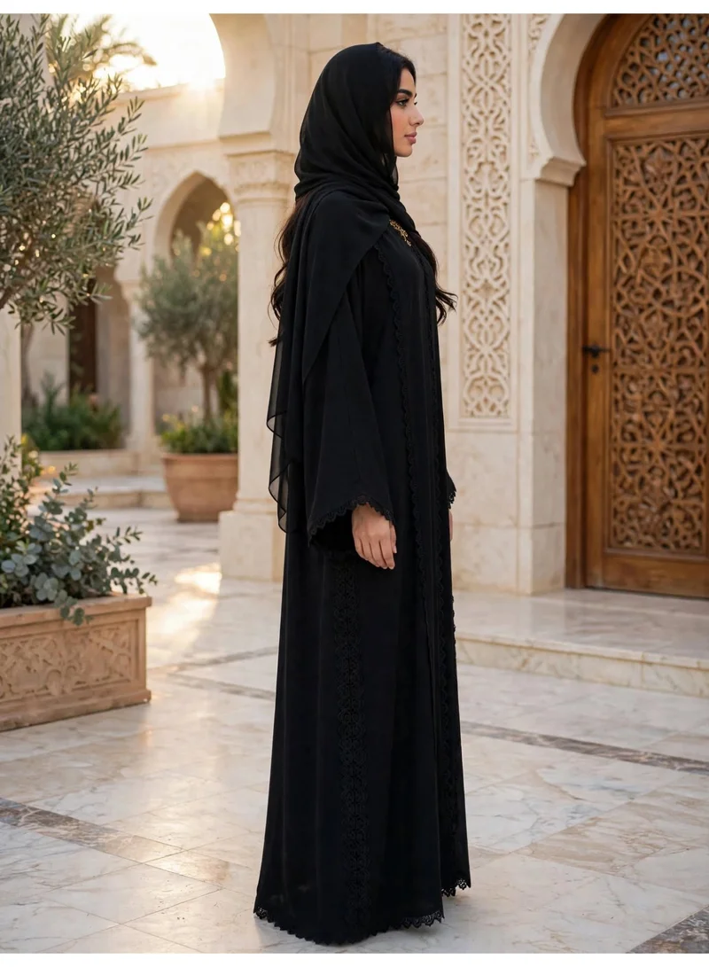 Ikkxa  Elegant Lace Trimmed Abaya with Draped Hijab for Women | Best Price UAE