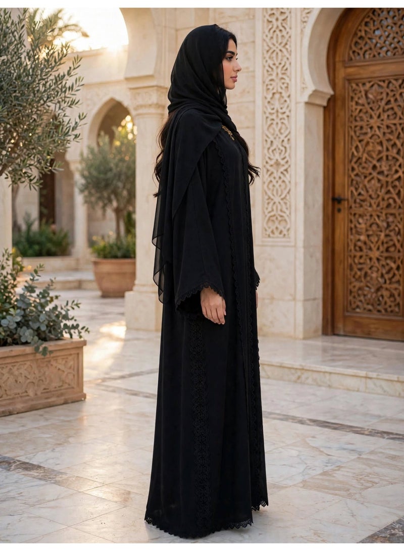 IKKXA Elegant Lace Trimmed Abaya with Draped Hijab - Image 5