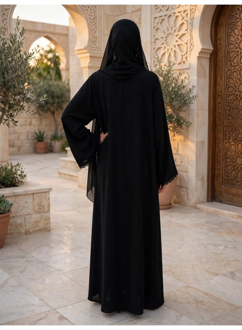 IKKXA Elegant Lace Trimmed Abaya with Draped Hijab - Image 2