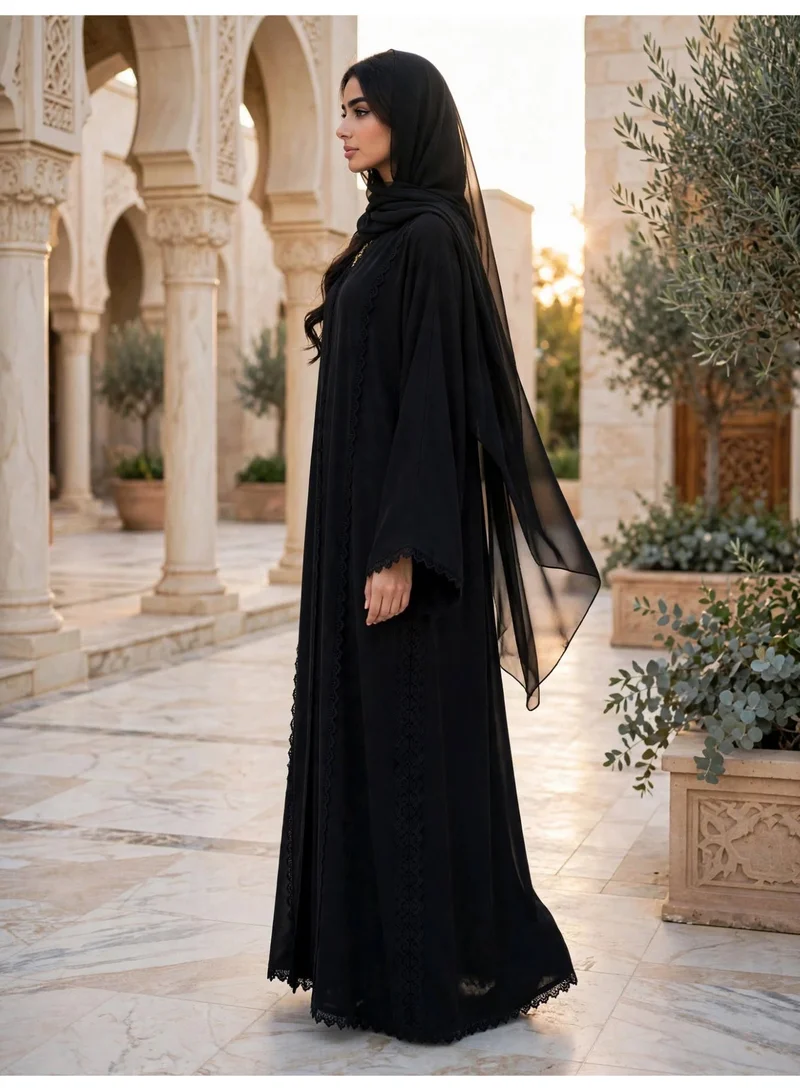 Ikkxa  Elegant Lace Trimmed Abaya with Draped Hijab for Women | Best Price UAE