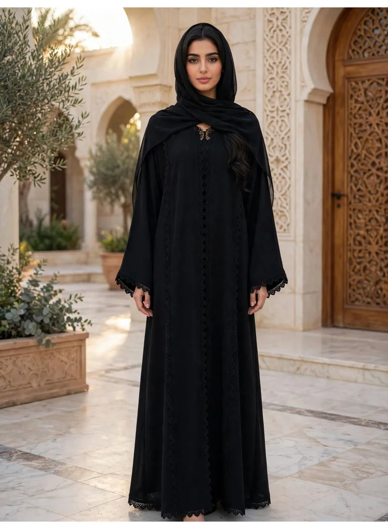 Elegant Lace Trimmed Abaya with Draped Hijab