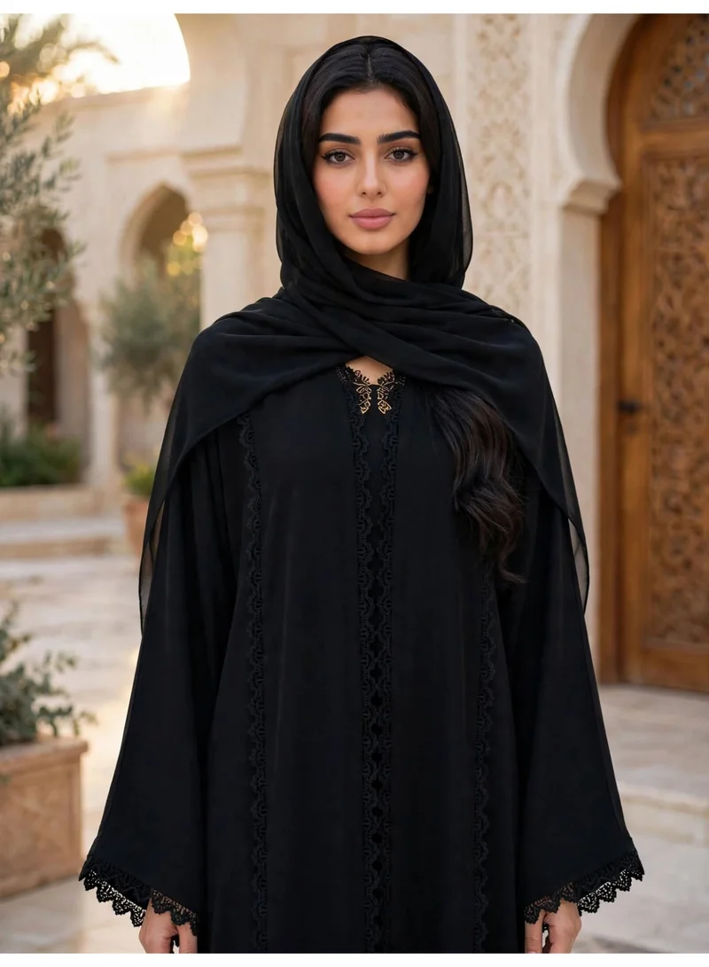 Ikkxa  Elegant Lace Trimmed Abaya with Draped Hijab for Women | Best Price UAE