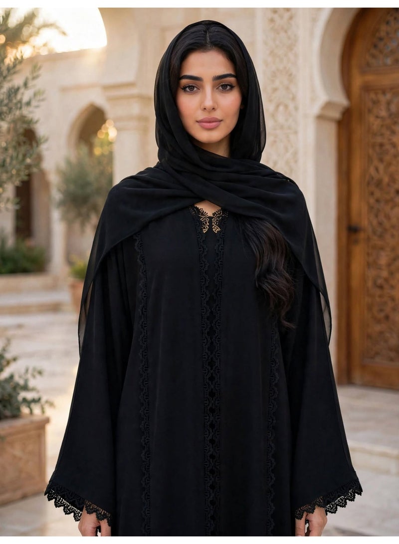IKKXA Elegant Lace Trimmed Abaya with Draped Hijab - Image 3