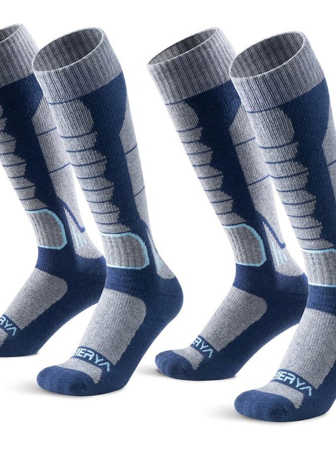 WEIERYA Merino Wool Ski Socks for Men, Women & Youth - Over-the-Calf Full Cushion Thermal Snowboard Socks, Winter Performance, Blue, L - Image 1