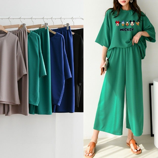 2024 Spring Summer Casual Chic Womens Tee and Wide-Leg Pants Set Green 