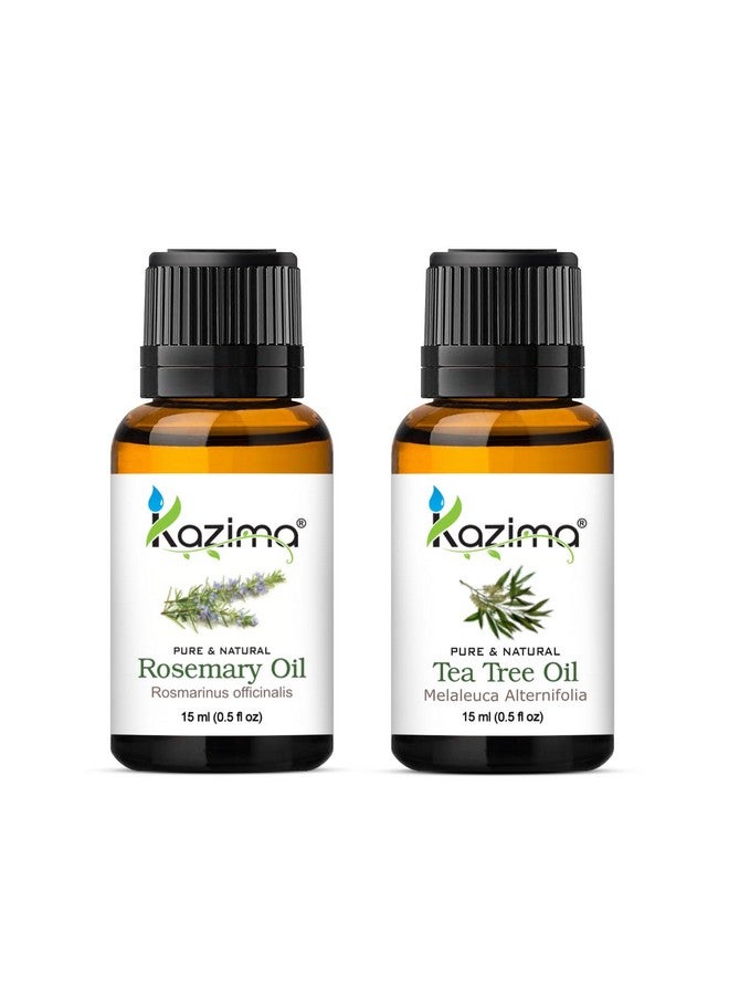 KAZIMA Combo Of Rosemary Oil And Tea Tree Oil - 100% Natural Essential Oil For Hair Growth, Healthy Skin, Face Acne, Hair Fall Control & Nourishment, 15 Ml Each  - Image 1