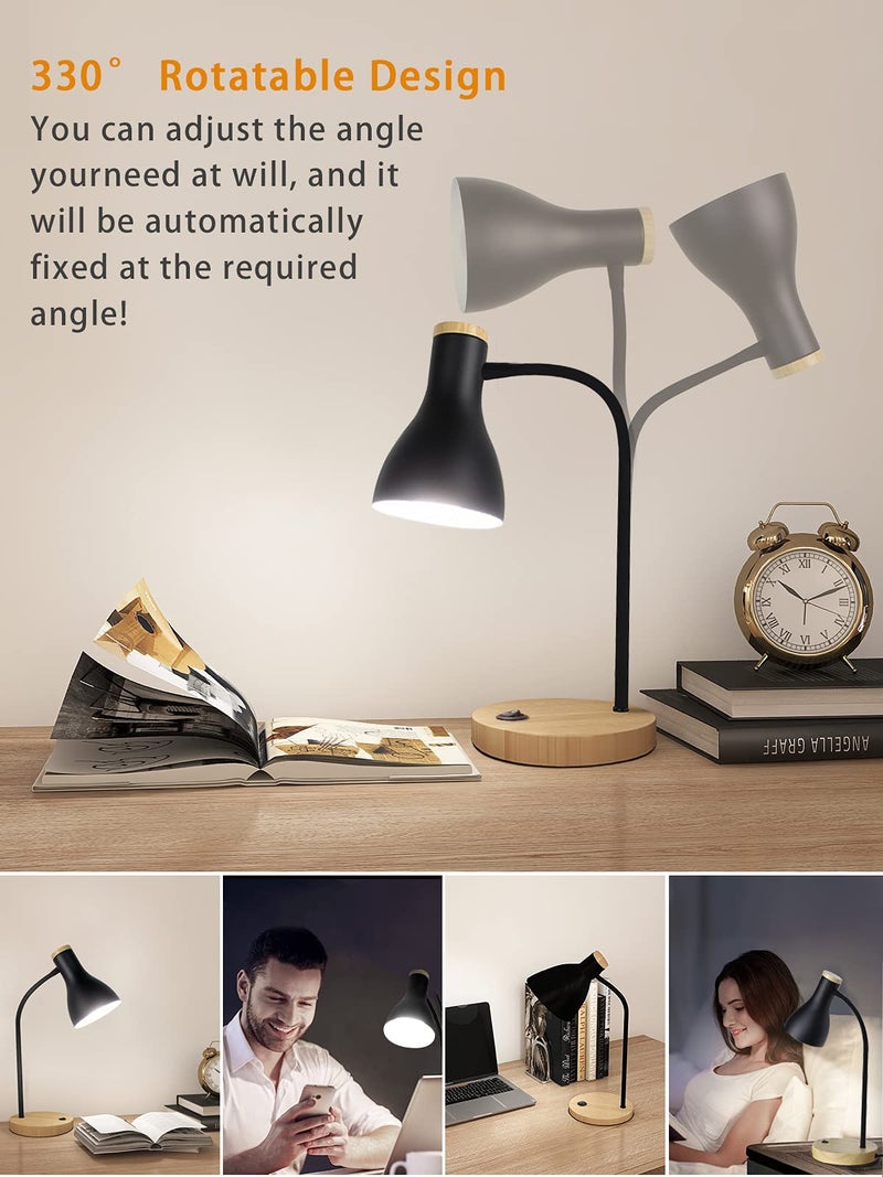 LALISU Metal Desk Lamp Table Lamp Reading Lights Arc Desk Lamps for Bedroom, Wood Base Bedside Lamp with Flexible Gooseneck for Study Room and Office (Wood Base+Black) - Image 4