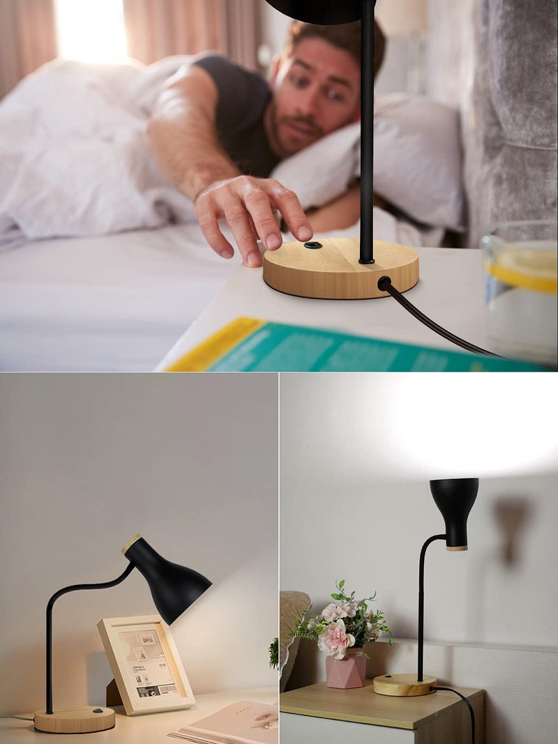 LALISU Metal Desk Lamp Table Lamp Reading Lights Arc Desk Lamps for Bedroom, Wood Base Bedside Lamp with Flexible Gooseneck for Study Room and Office (Wood Base+Black) - Image 3