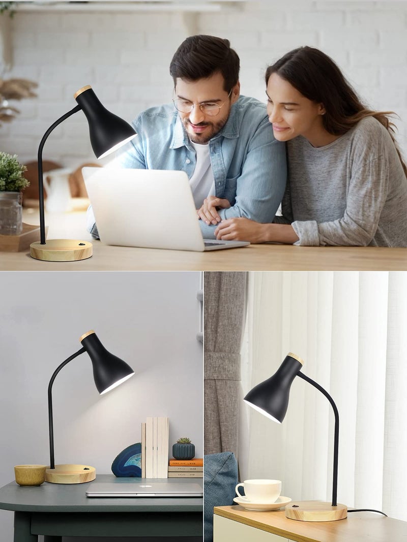 LALISU Metal Desk Lamp Table Lamp Reading Lights Arc Desk Lamps for Bedroom, Wood Base Bedside Lamp with Flexible Gooseneck for Study Room and Office (Wood Base+Black) - Image 5