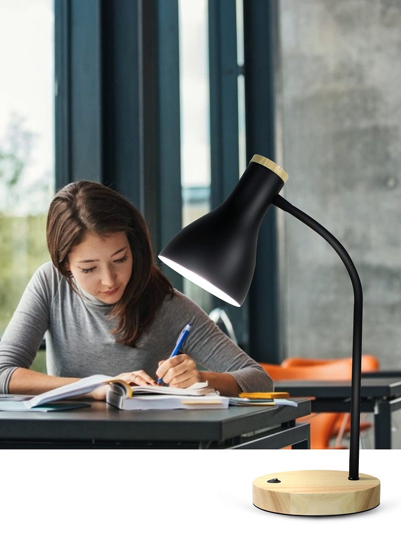 LALISU Metal Desk Lamp Table Lamp Reading Lights Arc Desk Lamps for Bedroom, Wood Base Bedside Lamp with Flexible Gooseneck for Study Room and Office (Wood Base+Black) - Image 2