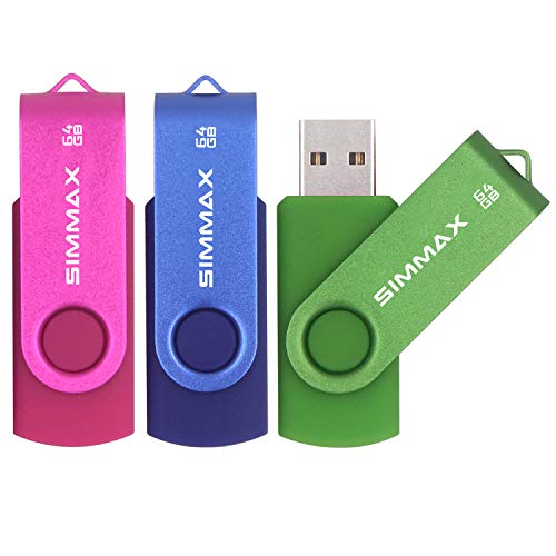 SIMMAX 3 Pack 64GB Memory Stick USB 2.0 Flash Drives Swivel Thumb Drive Pen Drive (64GB Pink Blue Green) - Image 1