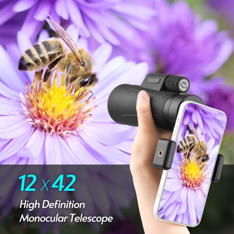 Smartphone Monocular Telescope: 12X42 High Power, Multi-layer Coated Optics Lens, Water-resistant Fogproof Design - With Adjustable Phone Holder & Tripod for Adult Bird Watching, Outdoor Wildlife View - Image 5