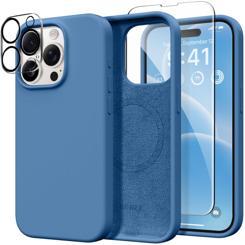GONEZ for iPhone 15 Pro Max Case Silicone, Compatible with Magsafe, Camera Protector + Screen Protector, Soft Anti-Scratch Microfiber Lining, Liquid Silicone Shockproof Phone Cover, Lake Blue - Image 1