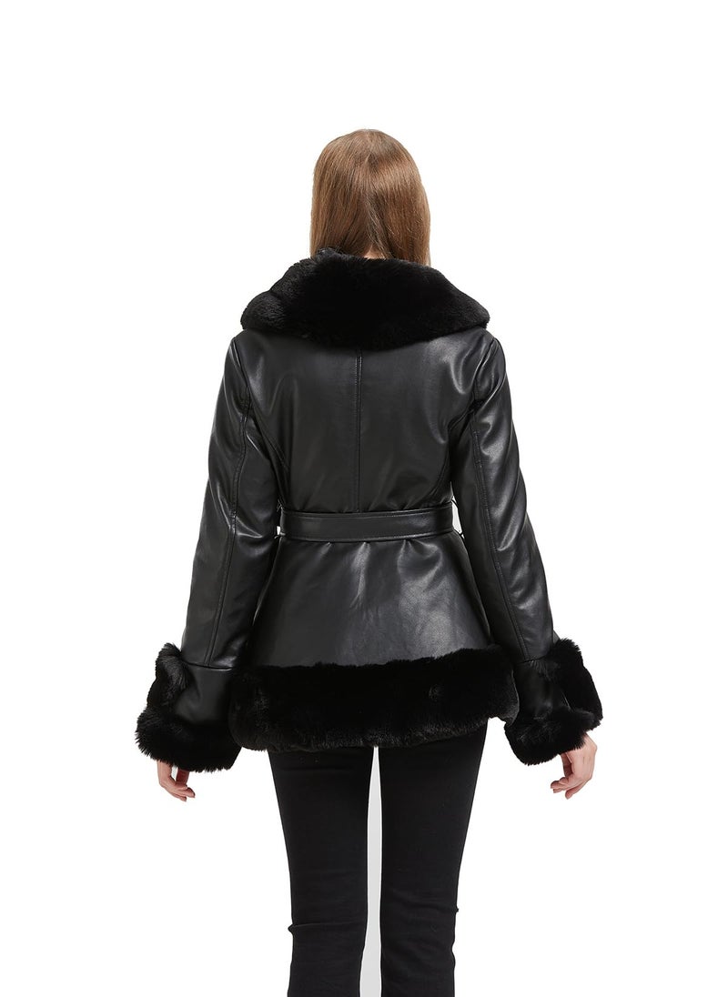 GRAN ORIENTE Faux Leather Jacket for Women with Faux Fur Collar Long Sleeve Fuzzy Parka Overcoat with Warm Trimmed Winter Peplum Coat Belted (GK007 Black M) - Image 3