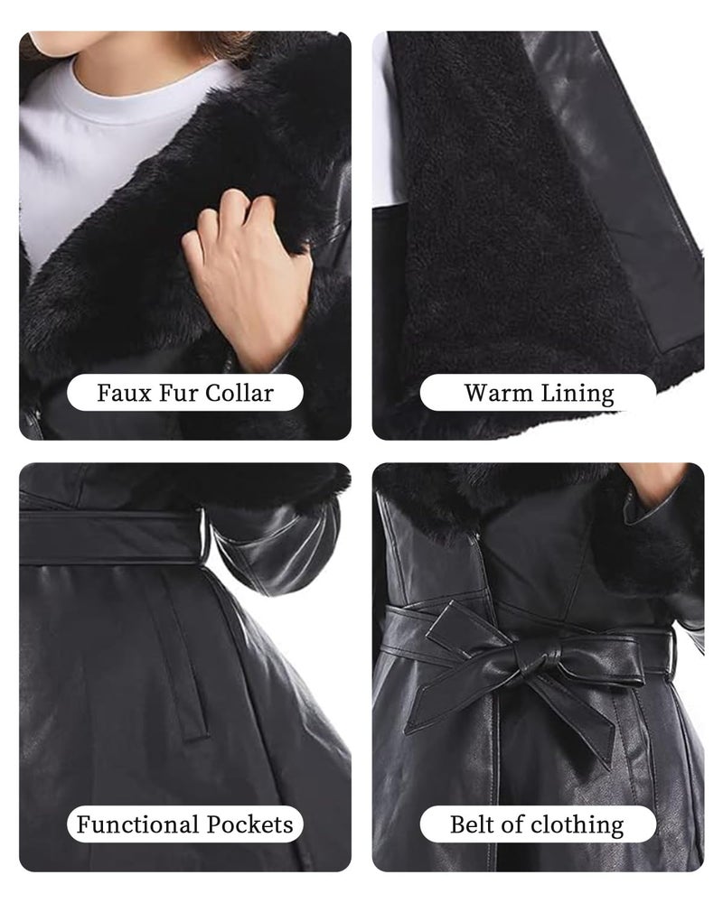 GRAN ORIENTE Faux Leather Jacket for Women with Faux Fur Collar Long Sleeve Fuzzy Parka Overcoat with Warm Trimmed Winter Peplum Coat Belted (GK007 Black M) - Image 4