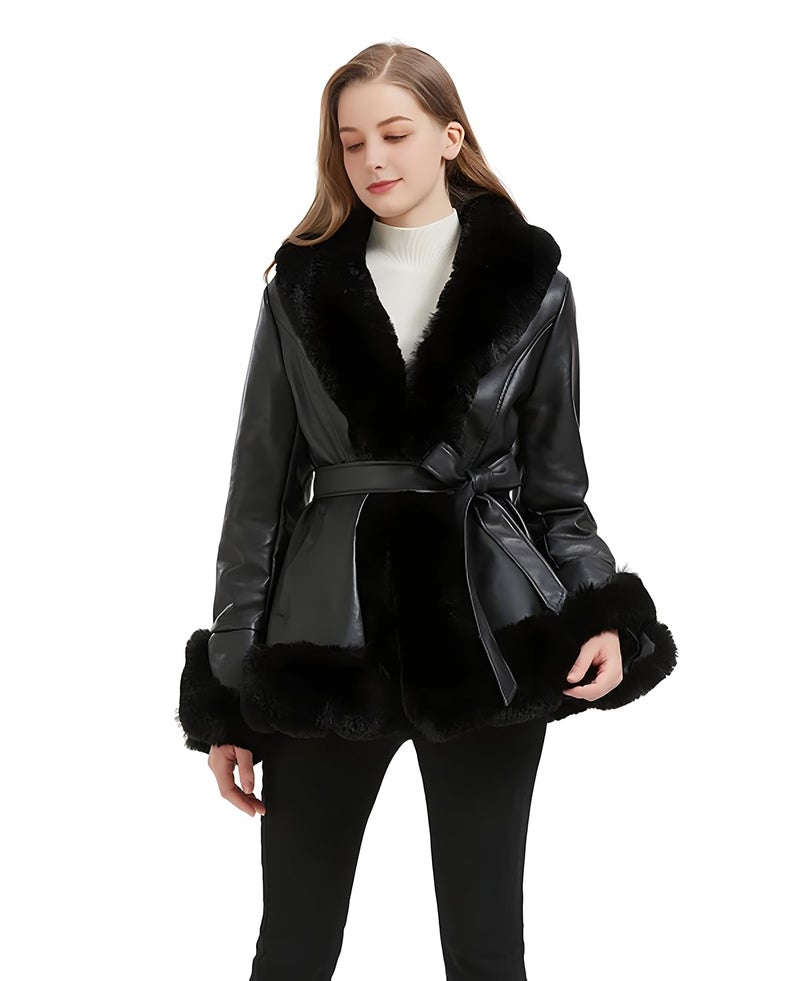 GRAN ORIENTE Faux Leather Jacket for Women with Faux Fur Collar Long Sleeve Fuzzy Parka Overcoat with Warm Trimmed Winter Peplum Coat Belted (GK007 Black M) - Image 2