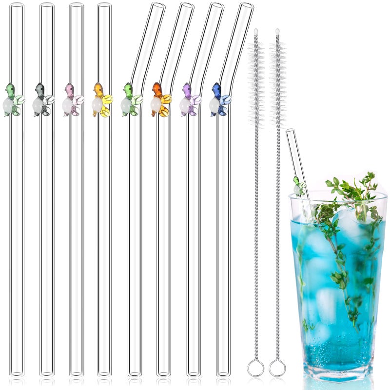 Yinkin Yinkin 8 Pcs Reusable Glass Straws Shatter Resistant Straws with Design Colorful Cute 8 Bend Drinking Glass Suction Tubes for Cocktail Coffee Juice Beverage with 2 Cleaning Brushes Turtle