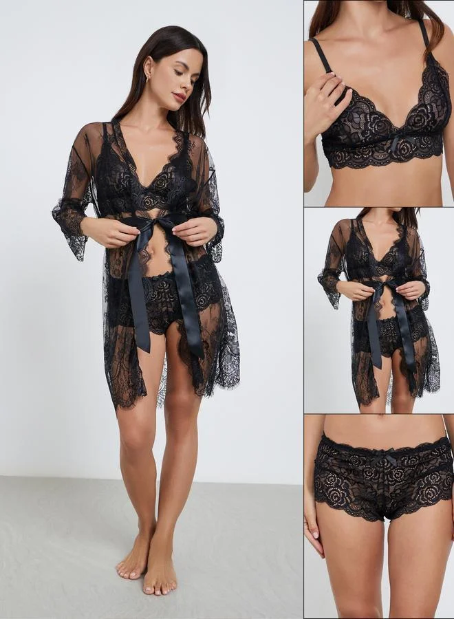 Styli Styli Pack of 3 - Lace Bralette, Shorts and Robe