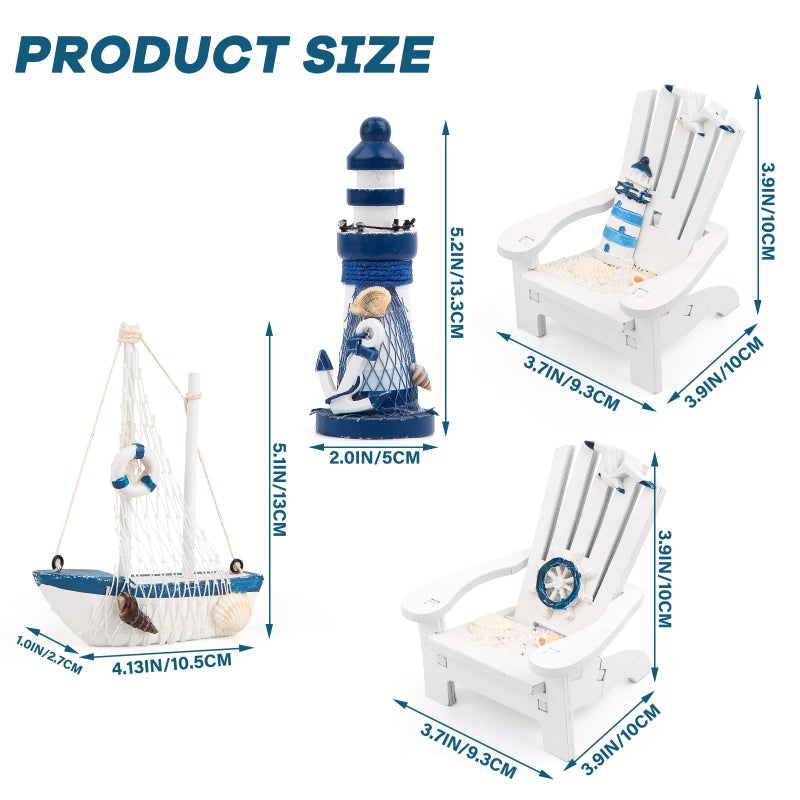JQAQJU 4" Wooden Beach Chair Lighthouse Sailboat, 4pcs Mini Nautical Home Decoration & Beach Ocean Ornament for Summer Bathroom Bedroom Kitchen - Image 2