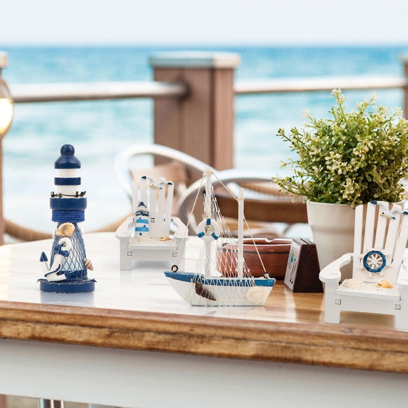 JQAQJU 4" Wooden Beach Chair Lighthouse Sailboat, 4pcs Mini Nautical Home Decoration & Beach Ocean Ornament for Summer Bathroom Bedroom Kitchen - Image 3